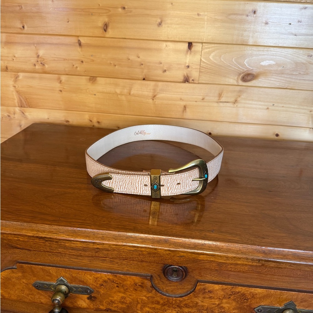 Catchfly Beige Leather Belt with Gold/Brass Buckle